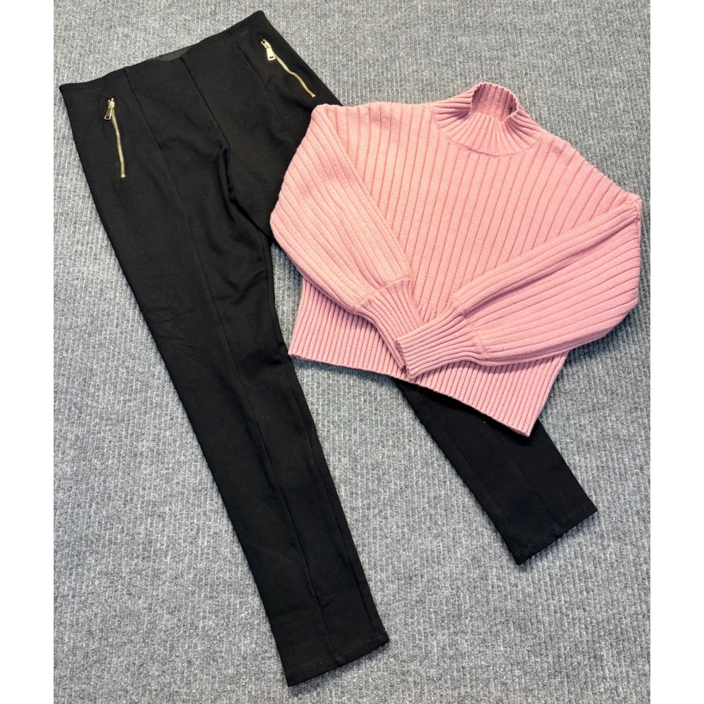 H&M Black Zip Ponte Pants & Zaful Pink Ribbed Mock Neck Sweater Set Size S/OS